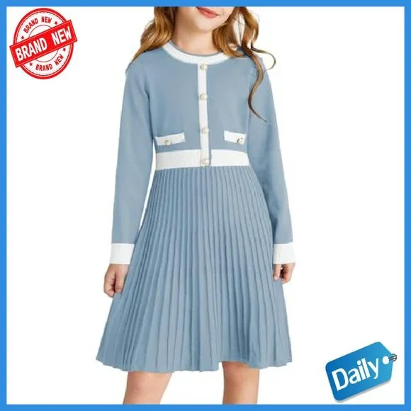 Girls Long Sleeve Knit Sweater Dress A-Line Fall Winter Casual - Picture 2 of 8
